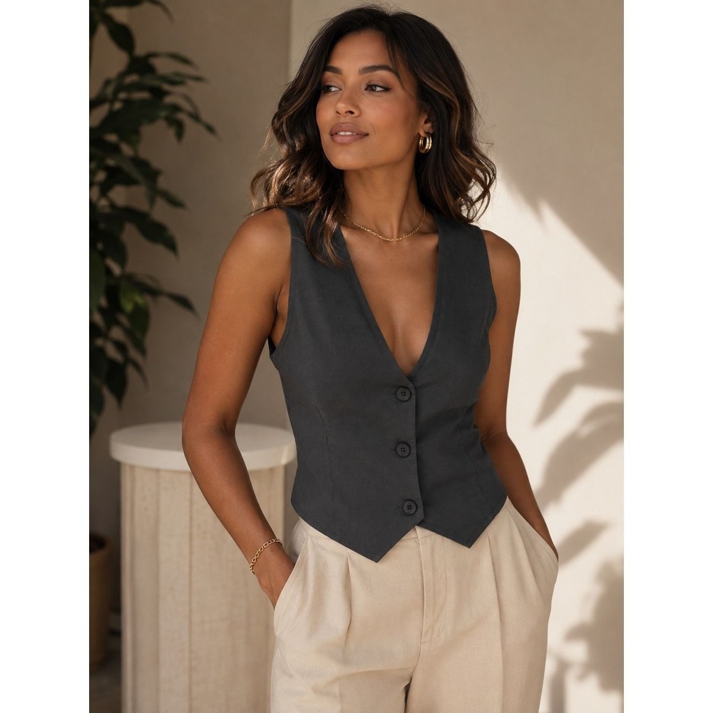 Tailored V-Neck Button Front Waistcoat Vest Charcoal Black L